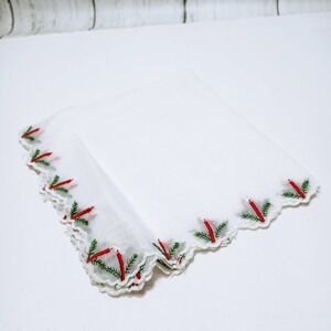 Vintage Christmas Candle Embroidered Handkerchief Scalloped Edge Floral Hankie